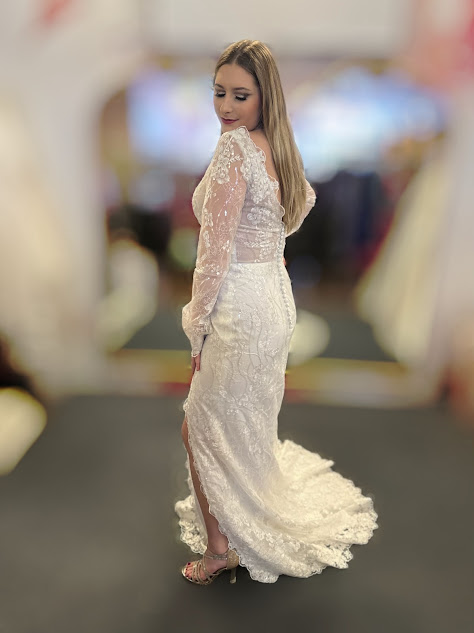 Luna - Lace/Sequin Fit and Flare Long Sleeve Bridal Gown | White Euphoria